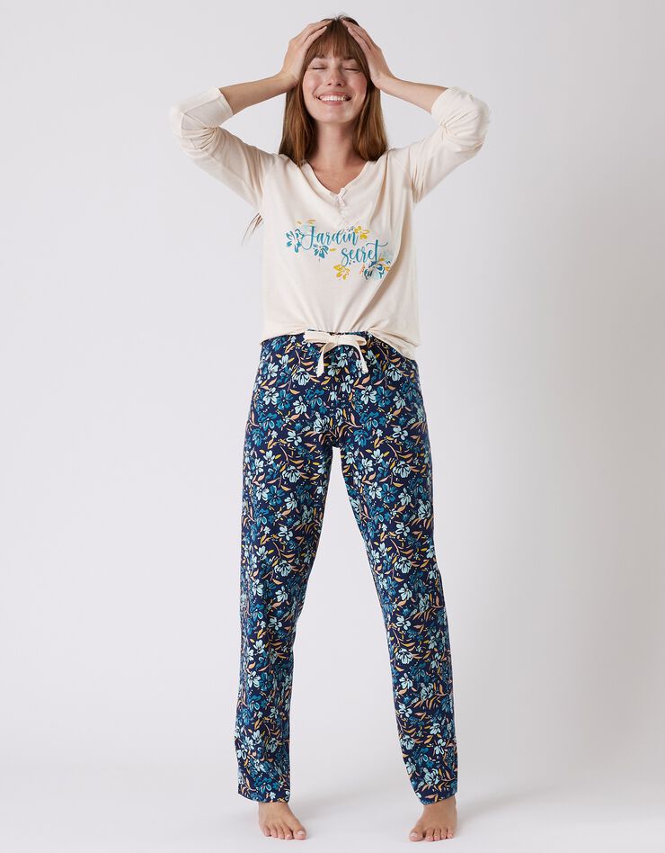 Tee-shirt pyjama manches longues imprimé placé "jardin secret" (écru) Tee-shirt pyjama manches longues imprimé placé "jardin secret" (écru)