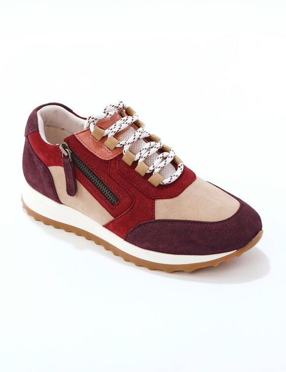Baskets sneakers cuir, empi&egrave;cements fantaisie contrast&eacute;s (beige / bordeaux)