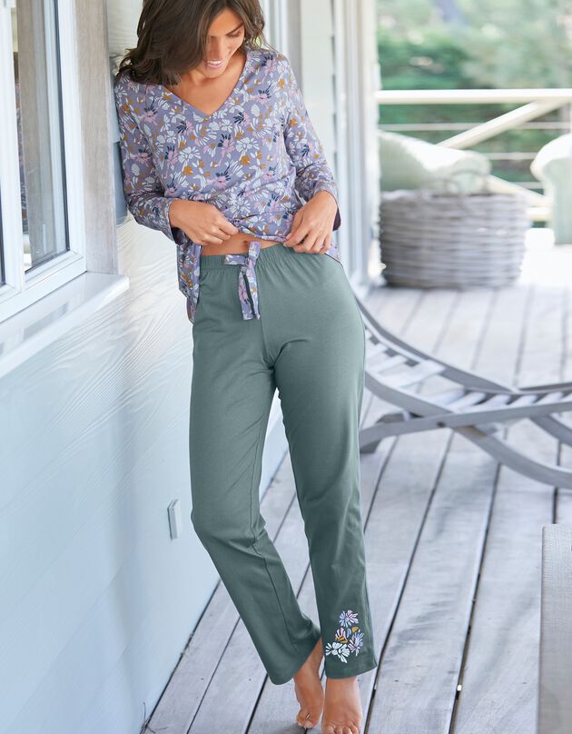 Pantalon pyjama coton imprimé placé "pétales" (vert sauge)
