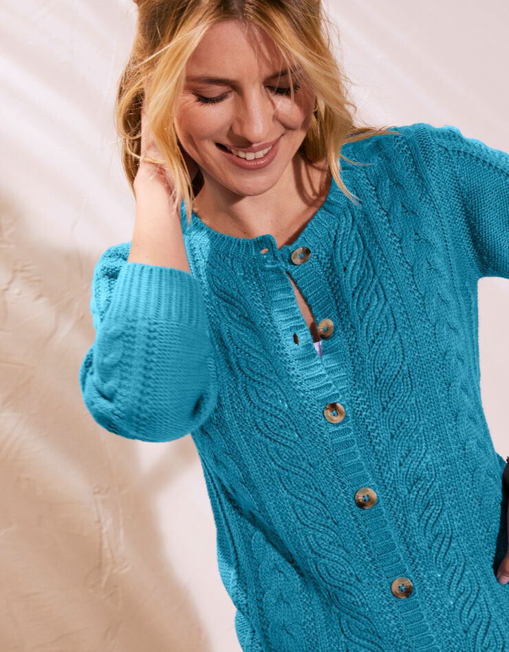 Cardigan femme boutonné torsadé toucher cachemire (bleu) Cardigan femme boutonné torsadé toucher cachemire (bleu)