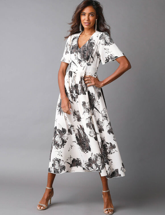 Robe longue imprimée, manches évasées  (écru / noir)