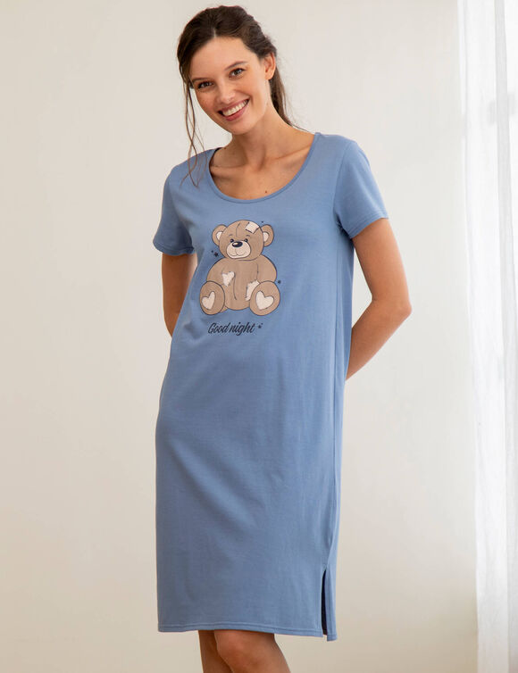 Chemise de nuit courte motif plac&eacute; ourson manches courtes  (bleu gris&eacute;)