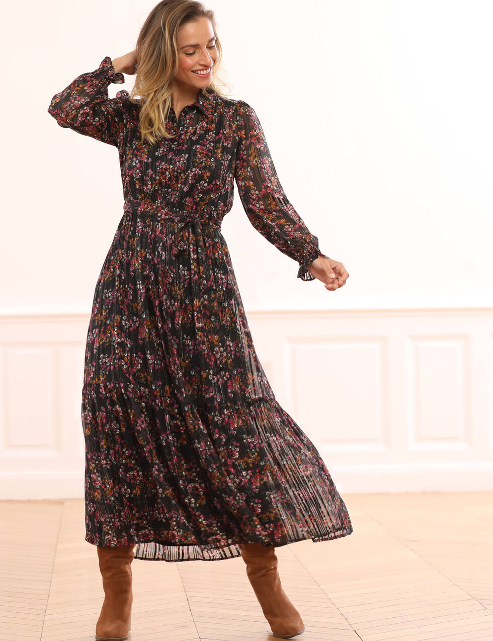 Chemisier Tunique DDP Noir En Voile - Taille XL Avec Manches à Retrousser Et Motifs Fleurs