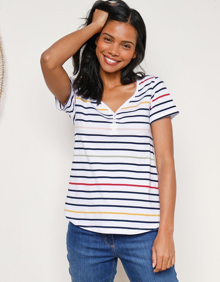 Tee-shirt col V rayé multicolore (blanc / multicolore) Tee-shirt col V rayé multicolore (blanc / multicolore)