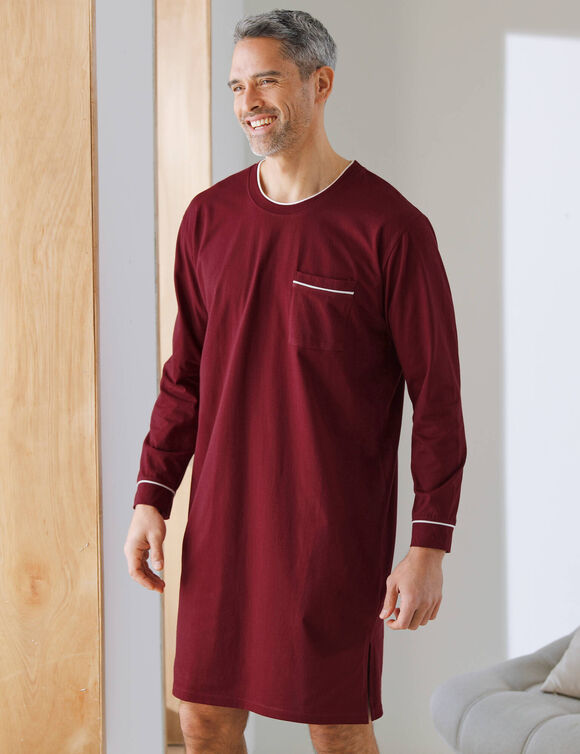 Chemise de nuit coton passepoils contrastés (bordeaux)