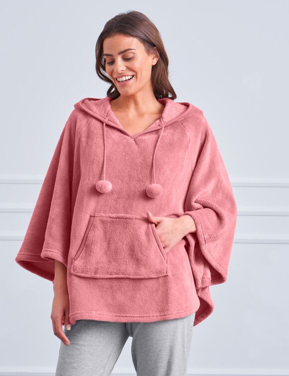 Poncho ?� capuche, maille polaire toucher peluche, rose poudr?� | Blancheporte