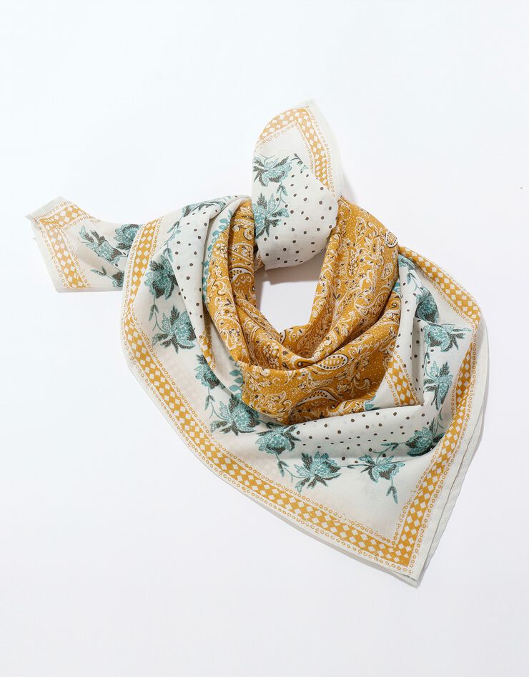 Foulard fabriqué en France imprimé fleuri, 70 x 70 cm - coton (écru / moutarde) Foulard fabriqué en France imprimé fleuri, 70 x 70 cm - coton (écru / moutarde)