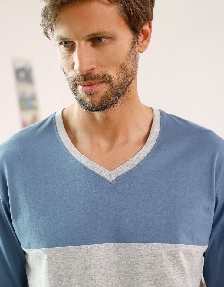 Tee-shirt pyjama rayures poitrine manches longues (bleu / noir)