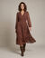 Robe longue volant&eacute;e, voile imprim&eacute; fleuri (bordeaux)