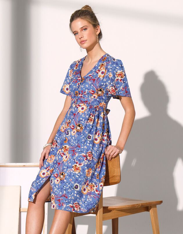 Robe boutonnée imprimée manches courtes (bleu grisé)