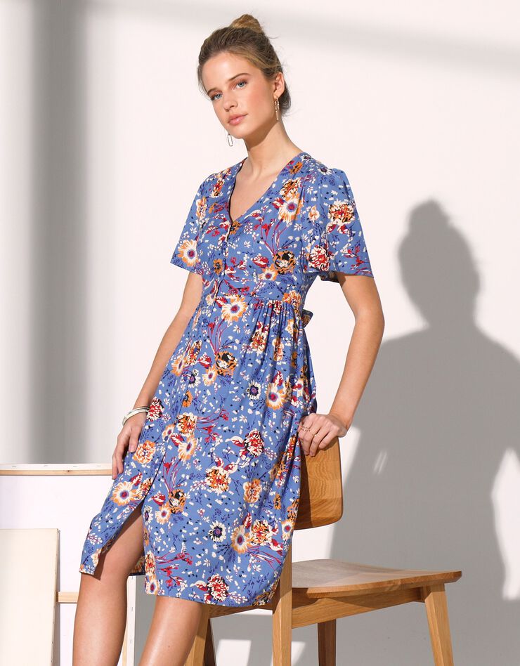 Robe boutonnée imprimée manches courtes (bleu grisé)