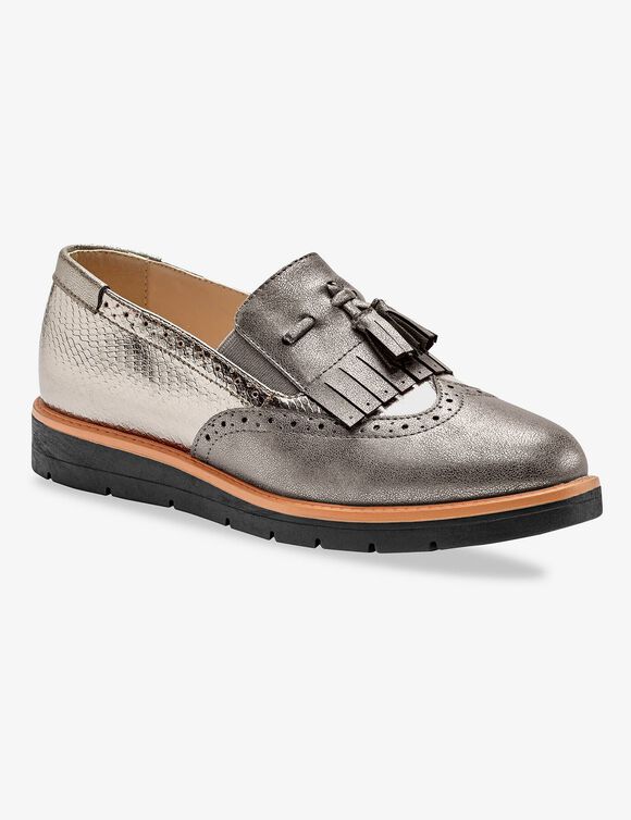 Mocassins compens&eacute;s &agrave; franges et pompons (bronze)