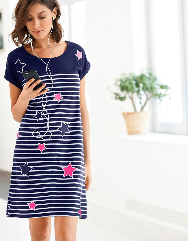 Chemise de nuit rayée et étoiles, fils teints (marine)