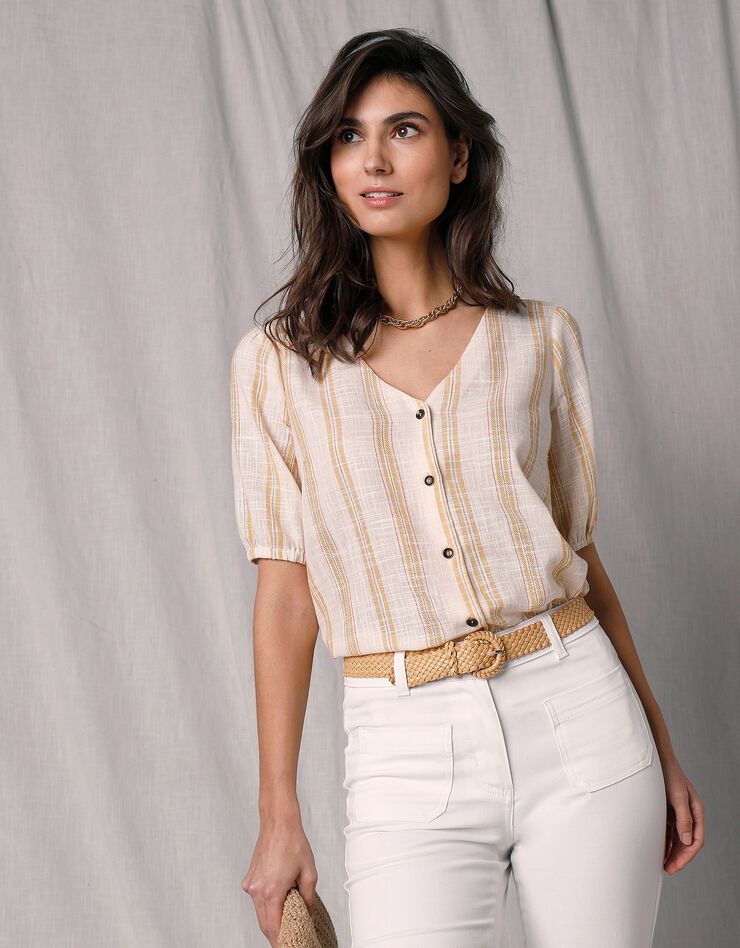 Blouse boutonnée rayée manches aux coudes (blanc cassé / jaune) Blouse boutonnée rayée manches aux coudes (blanc cassé / jaune)