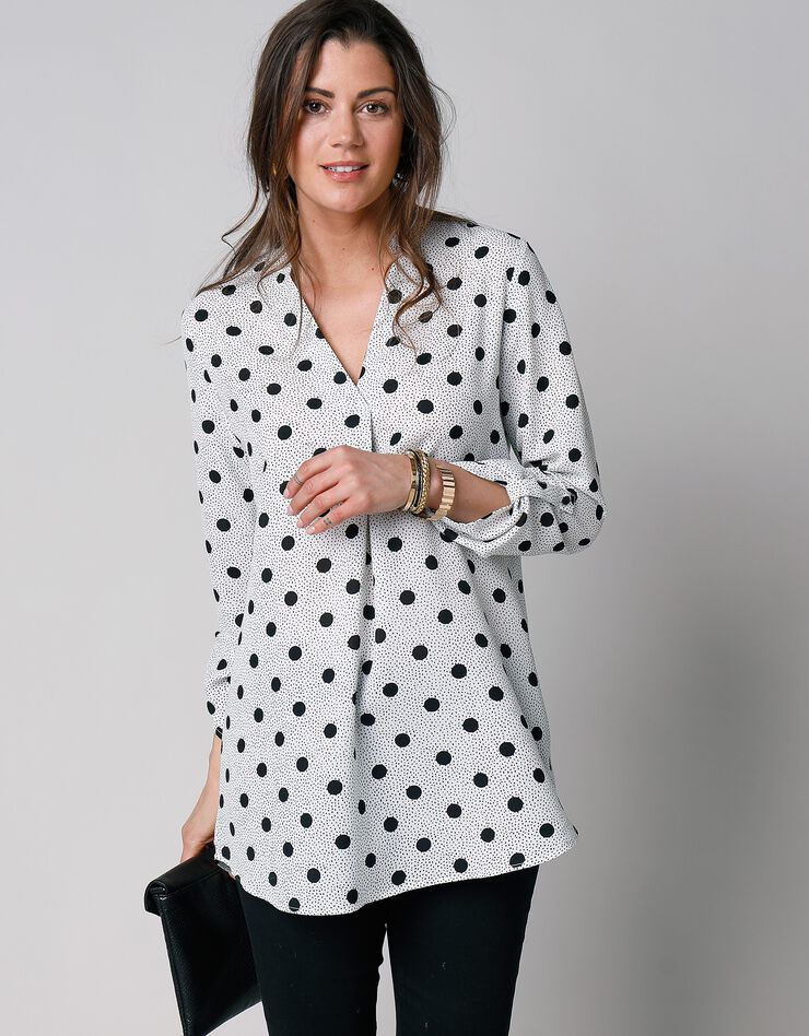 Blouse imprimé pois col tunisien, crêpe (écru / noir) Blouse imprimé pois col tunisien, crêpe (écru / noir)