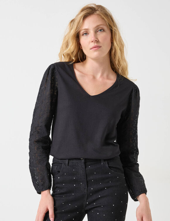 T-shirt col V manches dentelle (noir)