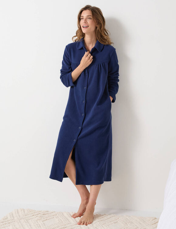 Robe de chambre longue en polaire, col Claudine (marine)