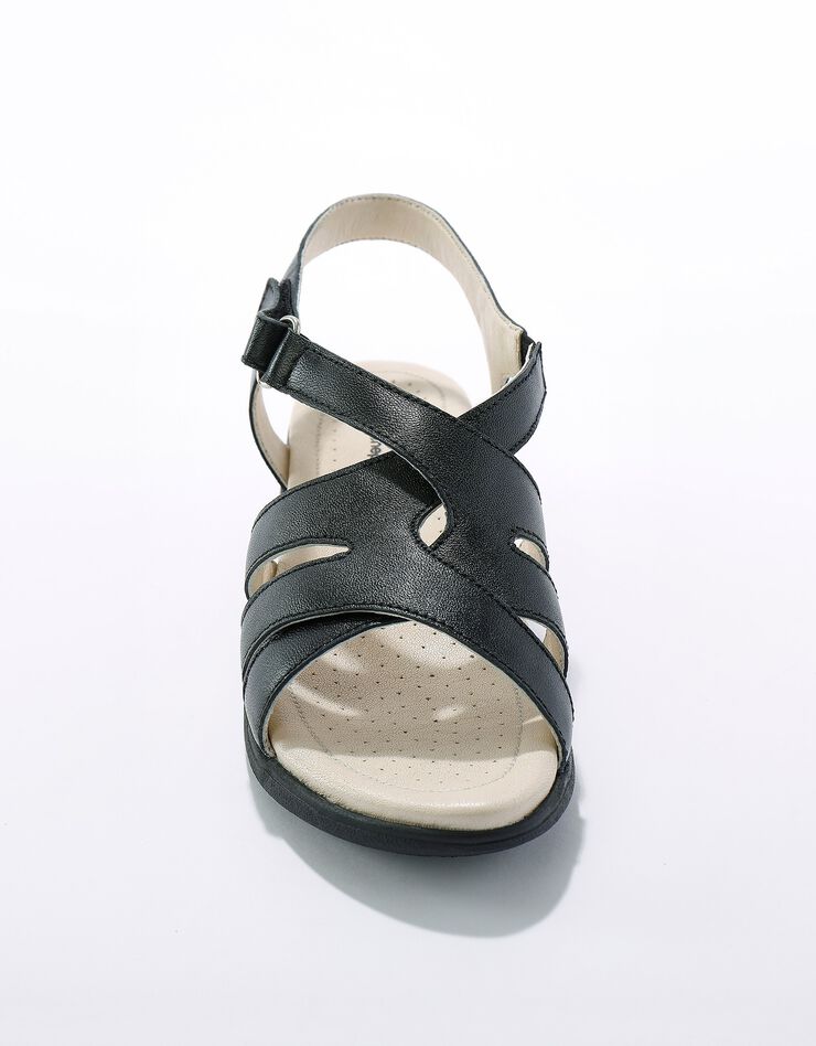 Sandales compensées confort en cuir à bride scratchée (noir) Sandales compensées confort en cuir à bride scratchée (noir)
