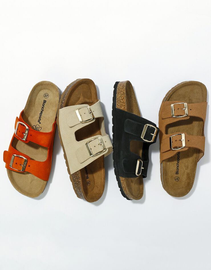 Mules croûte de cuir 2 boucles réglables (orange)