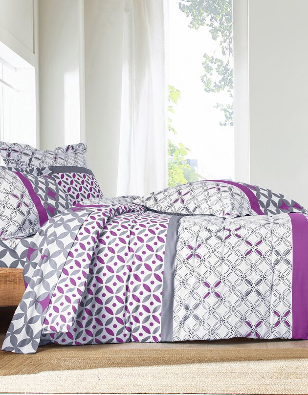 Linge de lit Marlow en coton motifs géométriques (gris / violet)