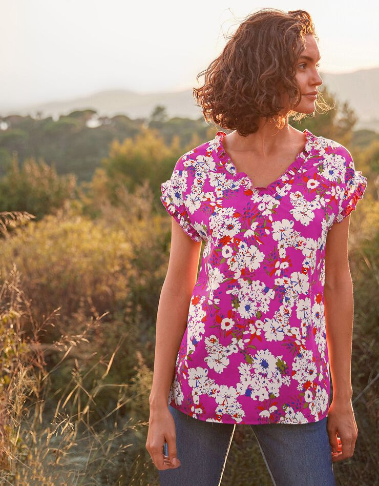 Blouse col V volantée fleurie (violine / écru) Blouse col V volantée fleurie (violine / écru)