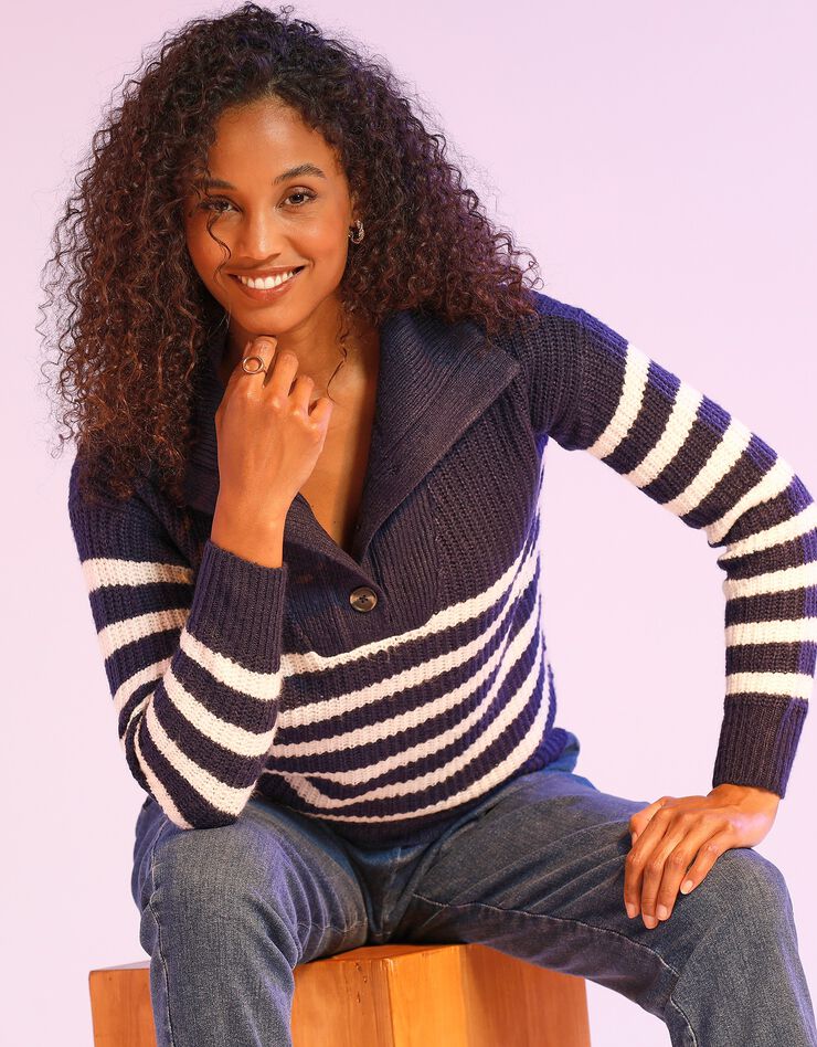 Pull col camionneur rayé, maille anglaise toucher mohair (marine / blanc) Pull col camionneur rayé, maille anglaise toucher mohair (marine / blanc)