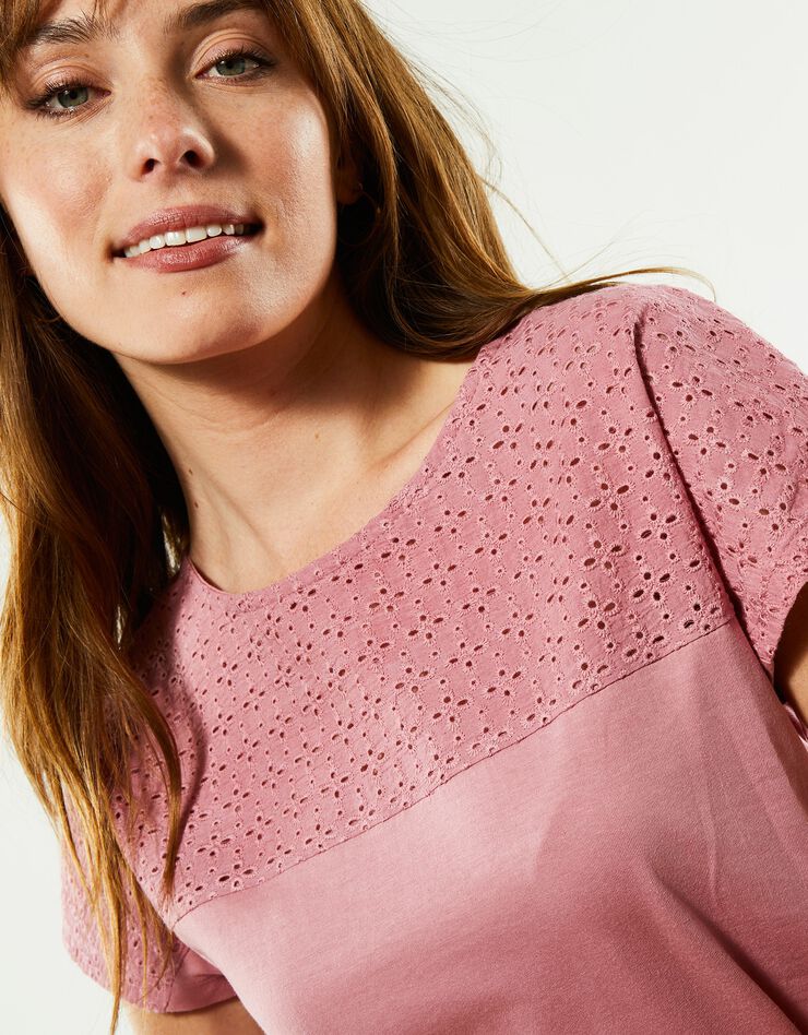 Tee-shirt broderie anglaise manches courtes (rose grisé) Tee-shirt broderie anglaise manches courtes (rose grisé)