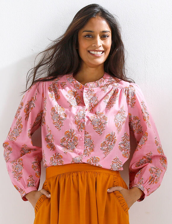 Chemisier boutonn&eacute; imprim&eacute;, col rond  (rose)