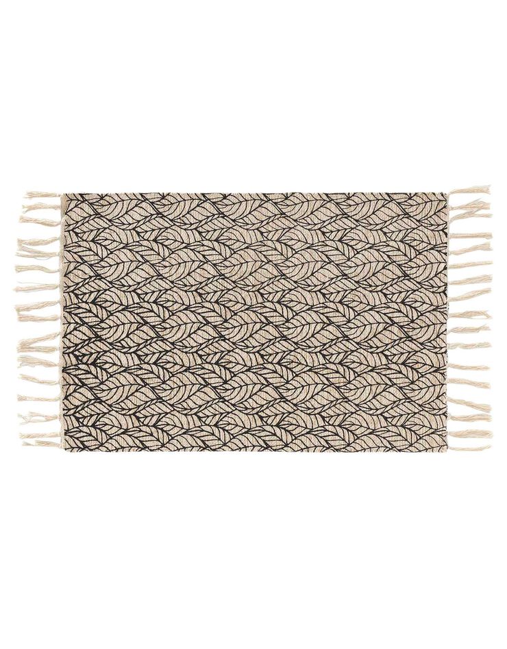 Tapis rectangulaire finition franges, motif feuillage (beige / noir)