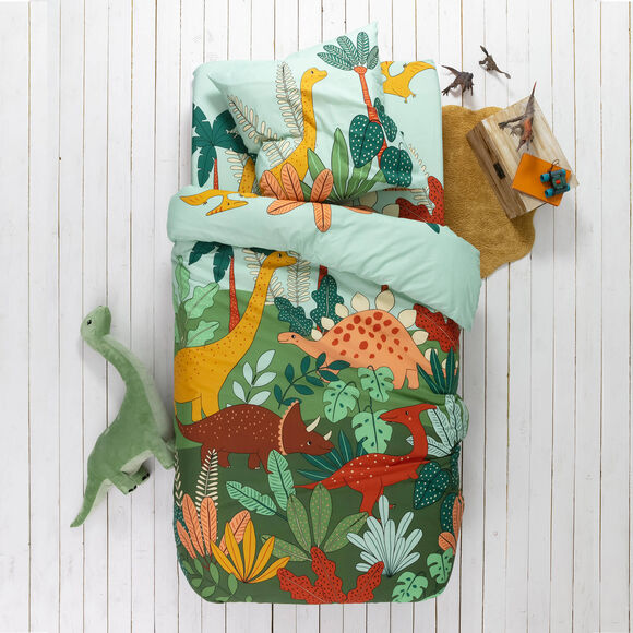 Linge de lit enfant Jurassi coton - Imprimé dinosaure  (vert)
