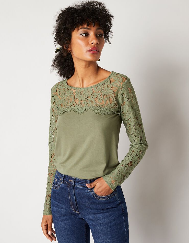 Tee-shirt col rond manches longues, dentelle jersey (bronze) Tee-shirt col rond manches longues, dentelle jersey (bronze)