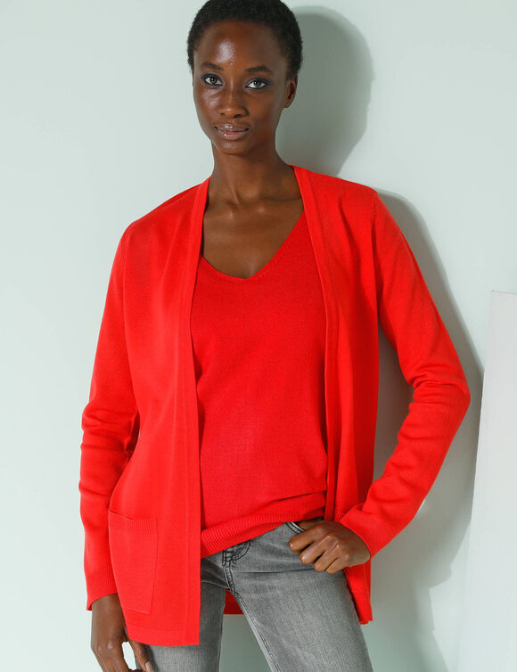 Gilet porter ouvert, maille toucher doux (rouge)