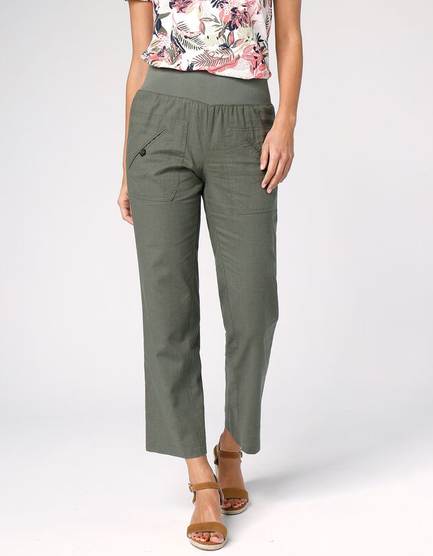 Pantalon coupe droite 7/8ème taille élastiquée, lin coton (kaki)