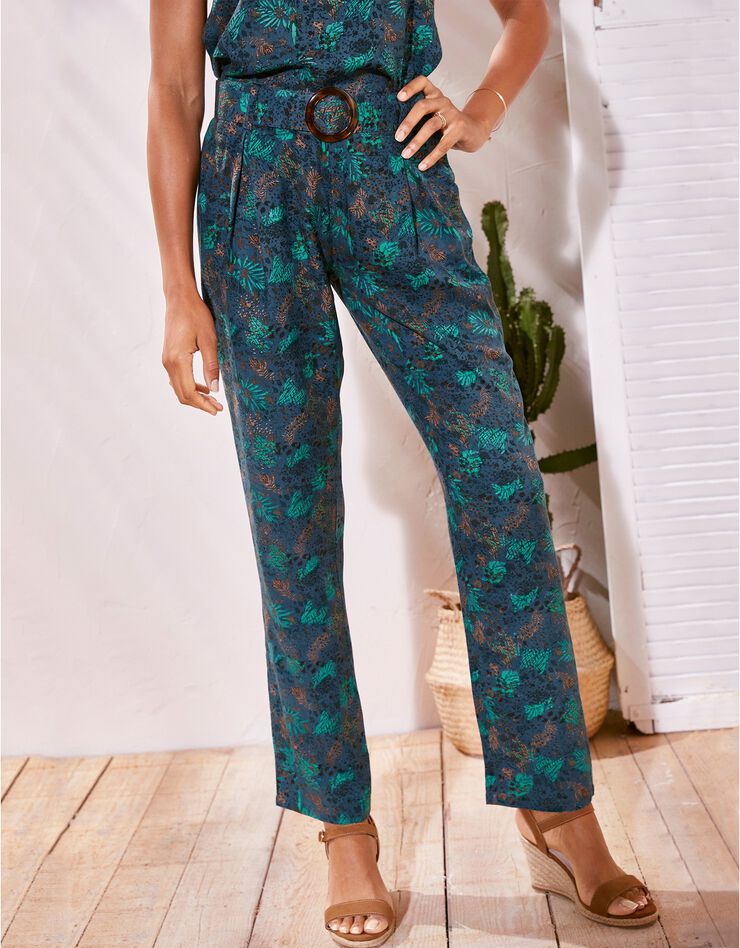 Pantalon ceinturé coupe chino imprimé minimaliste (bleu) Pantalon ceinturé coupe chino imprimé minimaliste (bleu)