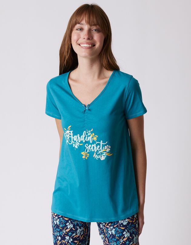 Tee-shirt pyjama manches courtes imprimé "jardin secret" (émeraude)