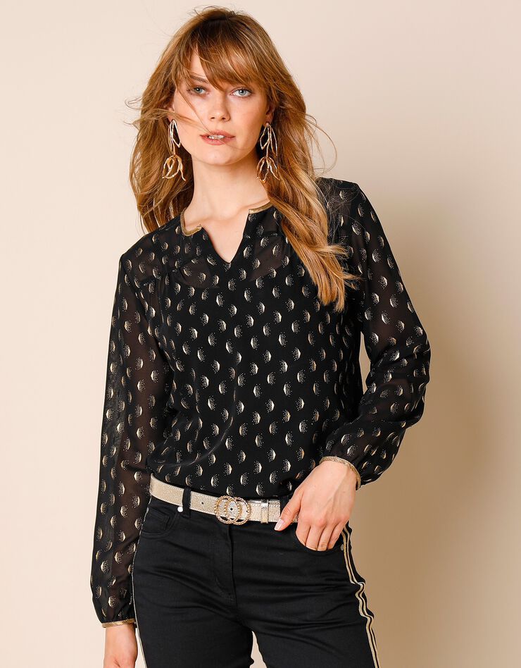 Blouse en voile à motif doré (noir / doré) Blouse en voile à motif doré (noir / doré)