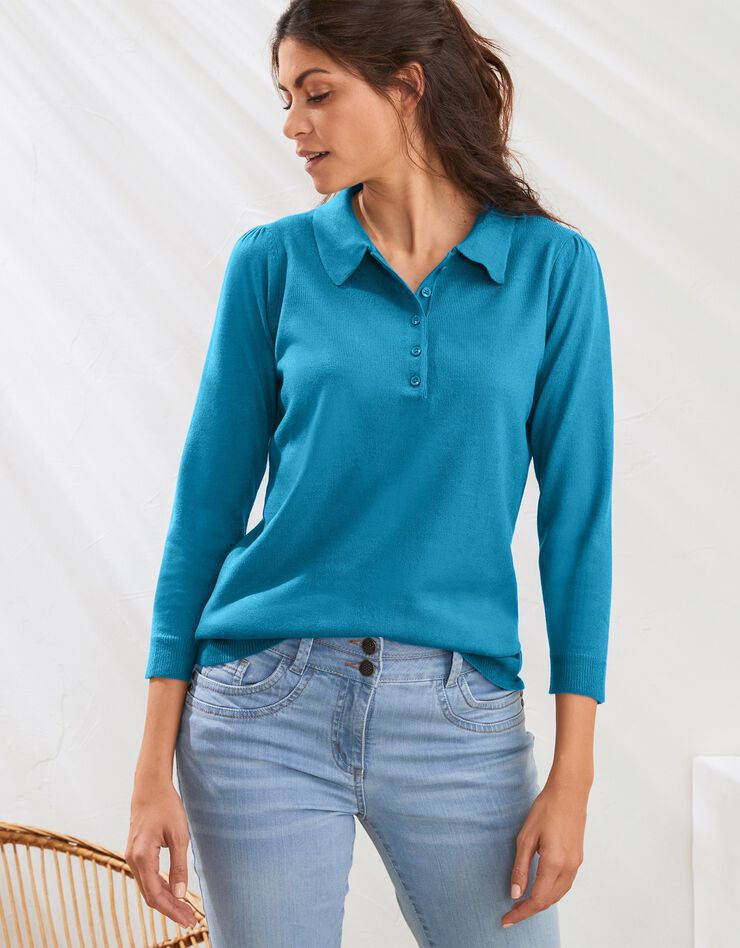 Pull col polo manches 3/4, toucher cachemire (bleu prusse) Pull col polo manches 3/4, toucher cachemire (bleu prusse)