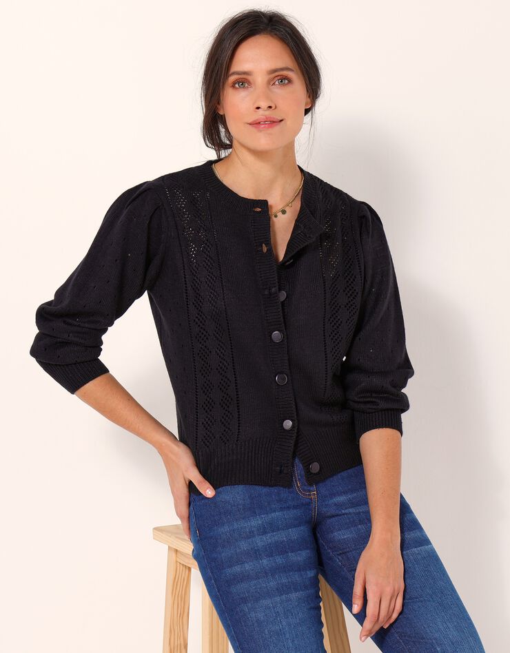 Cardigan boutonné, maille ajourée toucher cachemire (noir)
