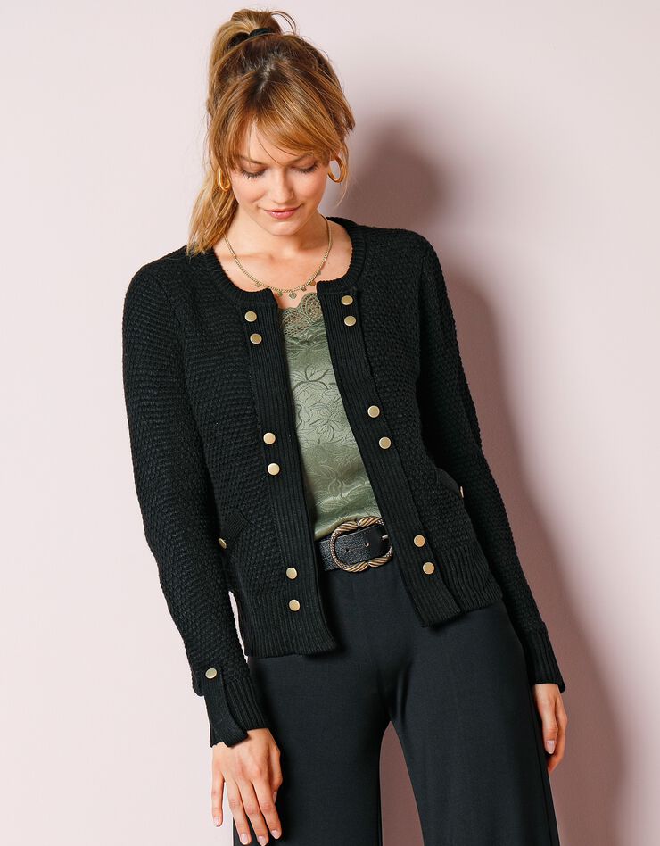Gilet maille fantaisie boutons dorés vieillis (noir) Gilet maille fantaisie boutons dorés vieillis (noir)
