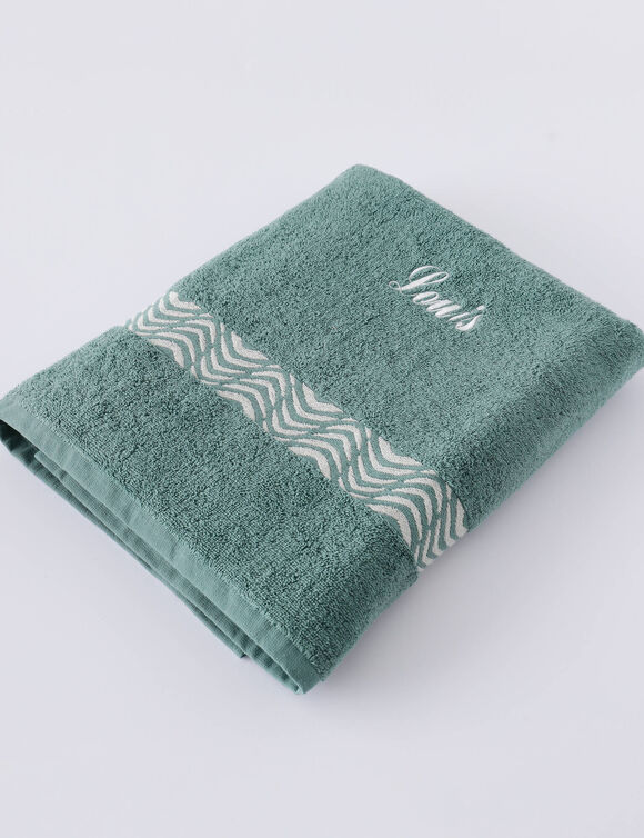 Collection serviettes de bain unies 420 g/m2 liteau fantaisie brod&eacute;, &agrave; personnaliser (eucalyptus)