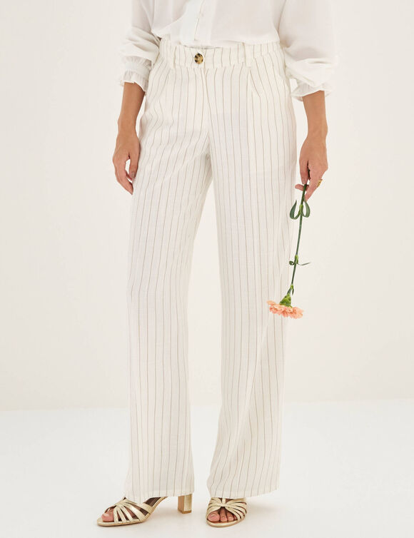 Pantalon large fluide ray&eacute;, viscose-lin (blanc cass&eacute;)