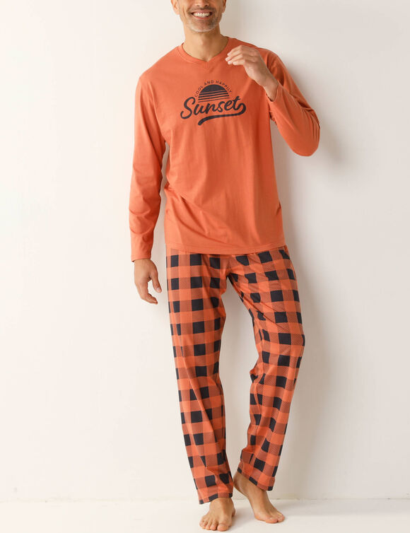 Pyjama coton carreaux manches longues (abricot)