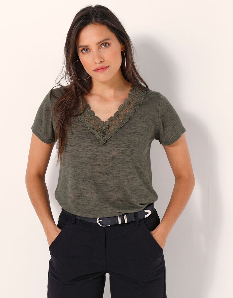 Tee-shirt macramé, effet lin (kaki) Tee-shirt macramé, effet lin (kaki)