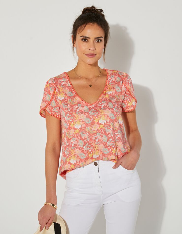 Tee-shirt imprimé coupe loose effet lin (corail / rose) Tee-shirt imprimé coupe loose effet lin (corail / rose)