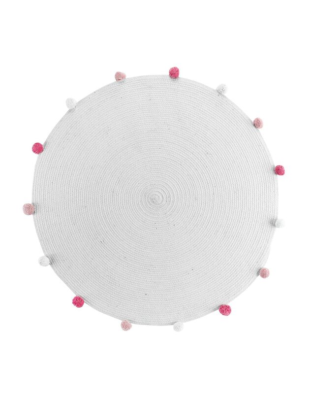 Tapis finition pompons - rond (BLANC/ROSE)