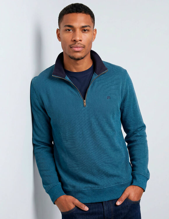 Sweat chaud col montant zipp&eacute; maille c&ocirc;tel&eacute;e (bleu oc&eacute;an)