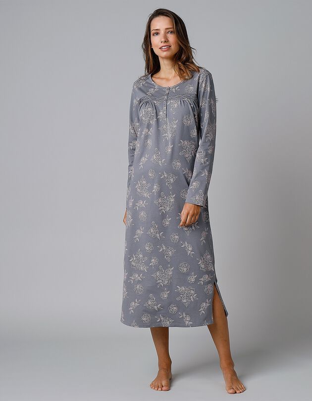 Chemise de nuit longue manches longues imprimée "roses" (gris / rose)