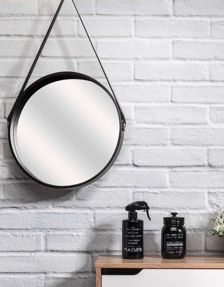 Miroir mural rond type barbier avec anse (noir)