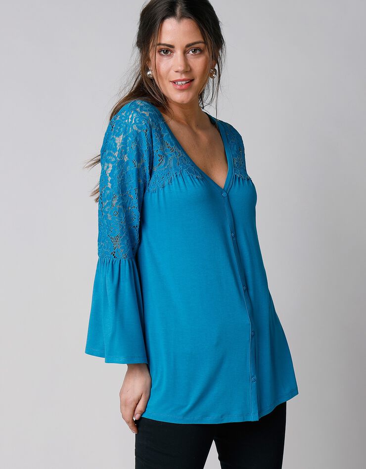 Tee-shirt boutonné manches 3/4 dentelle (bleu prusse) Tee-shirt boutonné manches 3/4 dentelle (bleu prusse)