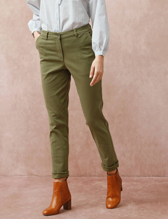Pantalon coupe mom taille haute, stretch (kaki)